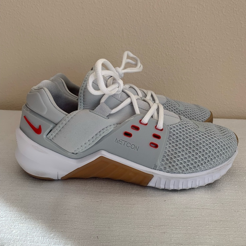 Nike Metcon Sneakers - Gray, Red, White, and Brown